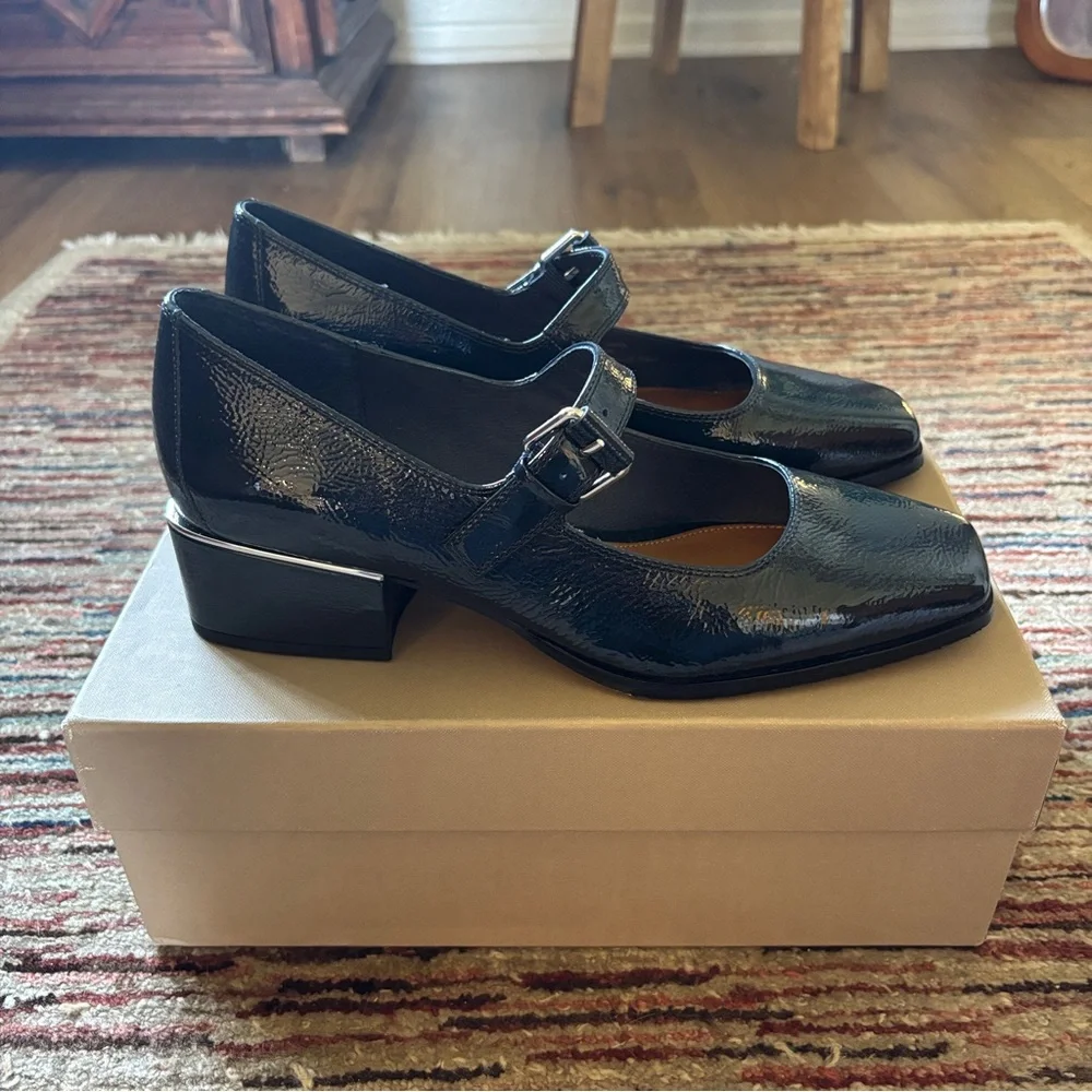 Donald Pliner Mary Jane Pump in Navy Crinkle Patent Leather - Picture 1 of 4